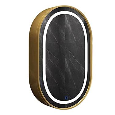 Imagem de Armário de espelho de banheiro espelho de parede armário de neblina transparente com armazenamento de prateleiras espelho redondo com luz adequado para banheiro (cor: ouro)