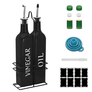 Imagem de Conjunto de dispensador de óleo e vinagre Farmhouse, 500 ml, lindo dispensador de azeite, inclui uma prateleira de aço preto e um funil, galheteiros vintage para vinagre e óleo (preto)