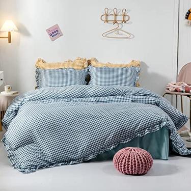 Imagem de Conjunto de capa de edredom de malha com babados, conjunto de cama de princesa ultramacio com fronhas de saia de cama, conjunto de capa de edredom durável respirável - amarelo solteiro 170 x 210 cm