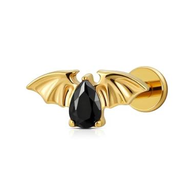 Imagem de FINE4U Brinco de cartilagem de asas de morcego de Halloween dourado para tragus helix concha 18G 6 mm 8 mm - ASTM F136 titânio hipoalergênico vampiro piercing joia (zircônia preta)