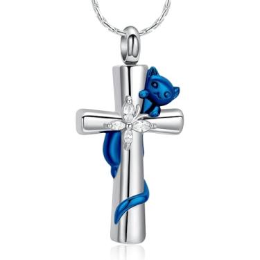 Imagem de AIWENXI Joias de cremação cruzada, gato, borboleta, urna, colares para homens e mulheres, aço inoxidável, memorial para animais de estimação, pingente, lembranças, joias, presentes, Aço inoxidável