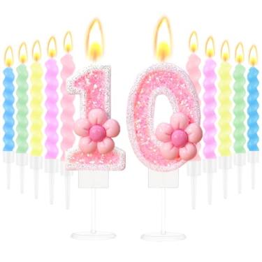 Imagem de Velas de aniversário para bolo brilhante número 10 velas de bolo de aniversário com design de flor rosa 10 peças velas espirais suprimentos de festa de aniversário para 10 anos de decoração de bolo de
