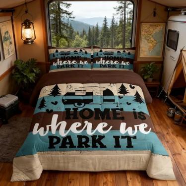 Imagem de Conjunto de edredom infantil rústico de aventura, tamanho Queen, pinheiro, cabana de madeira, casa de fazenda, decoração de quarto de meninas e meninos, edredom retrô marrom, 2 fronhas