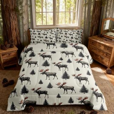 Imagem de Homewish Jogo de cama queen com alce selvagem, 3 peças, decoração de pinheiros, cinza selva, para crianças, adolescentes e adultos, chalé, animais da selva, chifres de veado, edredom com 2 fronhas