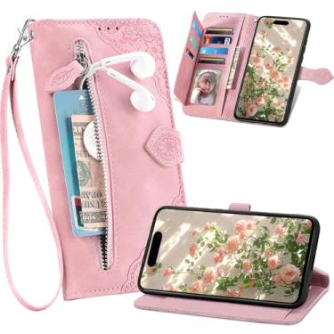 Imagem de Ephoou Capa carteira para Apple iPhone 17 Pro Max com 7 porta-cartões e bolso com zíper, capa flip de couro PU à prova de choque com alça de pulso, suporte e fecho magnético para iPhone 17 Pro Max