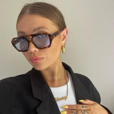 Imagem de Óculos de sol aviador retrô para mulheres e homens, óculos de sol clássicos quadrados hexagonais com armação grossa, Leopardo/cinza claro, Medium