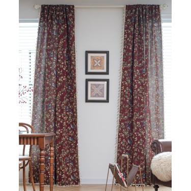 Imagem de vctops Cortinas Farmhouse Bird com borlas conjunto de 2 painéis Jacquard semitransparentes cortinas de janela para varão de filtro de luz para sala de estar/quarto (vermelho, 159 x 259 cm)