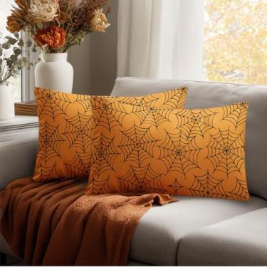 Imagem de HOMETITUTE Conjunto de 2 capas de almofadas decorativas de Halloween 30 x 50 cm com design de teia de aranha laranja preta para sofá, cama, varanda, pátio, sala de estar, decoração de casa de fazenda