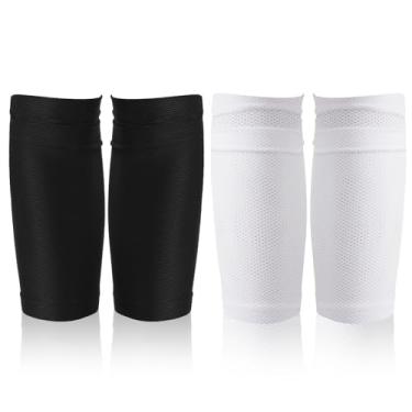 Imagem de 2 pares de meias de caneleira, capas de caneleira, meias respiráveis para caneleiras de futebol, mangas macias para panturrilha para crianças e adultos (preto e branco)