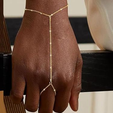 Imagem de Corrente de mão feminina pulseira de mão delicada anel de dedo dourado escravo pulseira de zircão mãos joias presentes coisas da moda 2025 outono moda moda feminina, Medium, latão, Sem Pedra Preciosa