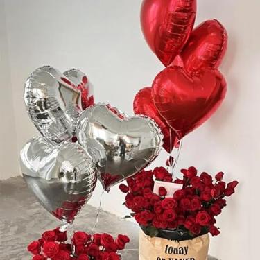 Imagem de 5 peças de balões de hélio de coração prata brilhante - decoração de festa metálica para casamentos, dia dos namorados e aniversários, vermelho