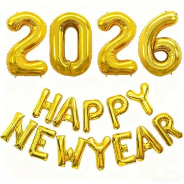 Imagem de Conjunto de balões de feliz ano novo 2026 com balões metálicos de confete dourado de 40,6 cm, números de balões de 2026, para festa de festival de véspera de ano novo de 2026