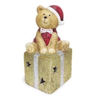 Imagem de Ursinho Decorativo Natalino com Base Presente e LED 19cm - Tok da Casa