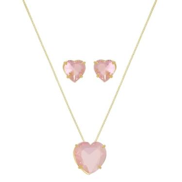 Imagem de Conjunto Feminino Joia Colar e Brinco Coração Rosa com Zircônia Banhado a Ouro 18k Banho Triplo Italiano Exclusivo 45cm com Extensor Fecho Antifurto Elegante e Versátil
