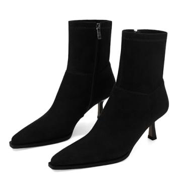 Imagem de SOVANYOU Botas femininas elegantes no tornozelo, bico fino, salto gatinho, com zíper lateral, elegante, confortável, botas curtas pretas, Camurça preta, 8.5