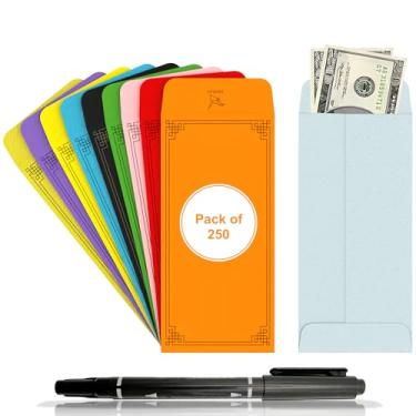 Imagem de Envelex Envelope de dinheiro pacote de 250 com caneta preta, 3,2 x 6,6 polegadas (130 GSM), envelopes coloridos para economia de dinheiro e orçamento, ideal para orçamento, moedas, cheques