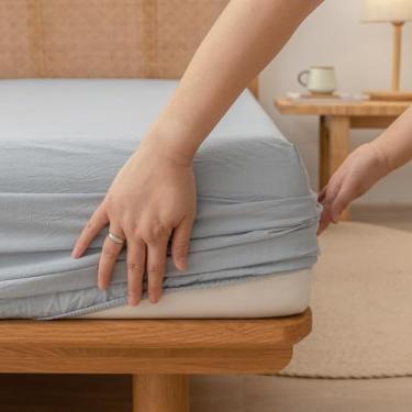 Imagem de BESTOUCH Lençol com elástico 100% algodão lavado e linho, cabe facilmente em bolsos profundos de até 43 cm azul centáurea sólido solteiro