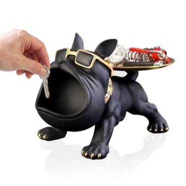 Imagem de Decoração Bulldog Francês Preto, Estátua Porta Objetos com Bandeja Dourada, Design Moderno com Óculos, Organizador de Mesa com Almofadas Anti-Riscos