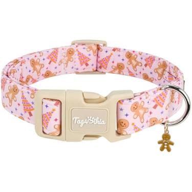 Imagem de Tag4Oikia Coleira de Natal para cães grandes, coleiras de cachorro grande rosa ajustável com estampa de desenho animado de homem de gengibre de Natal, presente de animal de estimação de férias de