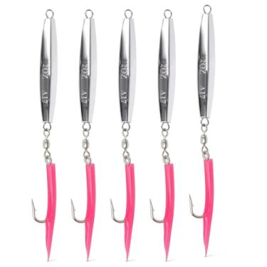 Imagem de Pacote com 5 peças UMT A17 Cape Cod Diamond Jig 59 g Cromado Rosa Borracha Teaser 6/0 Gancho Mustad Personalizado para Atum, Stripers, Bluefish e Robalo