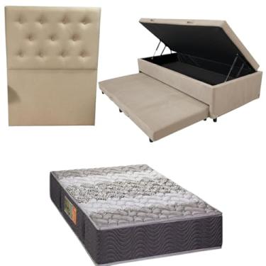 Imagem de Bicama Box Baú com Colchão de Espuma Orthopedic + Cabeceira Botonê - Solteiro 88x188 (SUEDE BEGE)