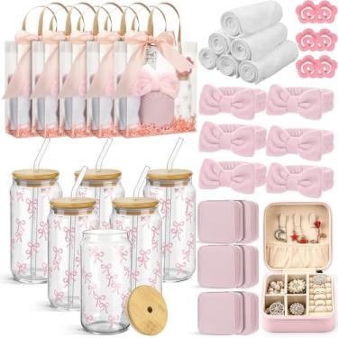 Imagem de LemonRoad Conjunto de 6 lembrancinhas de casamento para convidados com copo de vidro, caixa de joias, garra de cabelo, faixa de cabelo, toalha, cartão e bolsa de presente para chá de panela, presentes