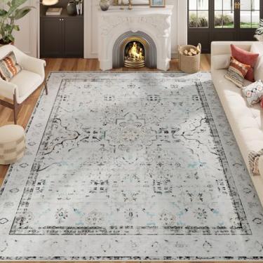 Imagem de AMTOVO Tapetes laváveis de 15 x 23 cm para sala de estar, antiderrapante, boêmio, vintage, estampa medalhão para quarto, sala de jantar, casa, escritório, berçário, dormitório, fazenda, cinza claro