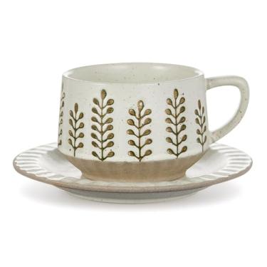 Imagem de LemonRoad 1 conjunto de chávenas de chá e pires de café vintage 283 g floral porcelana cappuccino canecas de café latte para Natal, casamento, aniversário, amantes de café, presente (design de folhas)