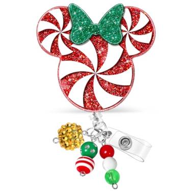 Imagem de JoySolar Carretel de crachá de Natal retrátil - Bonito desenho animado vermelho branco mouse retrátil cartão de identificação crachá suporte com clipe jacaré, enfermeira escritório médico trabalhador