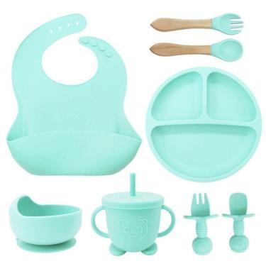 Imagem de Talheres Bebê Silicone 6 Peças Kit Talheres Infantil Com Ventosa Canudo Colher Babador Garfo Verde