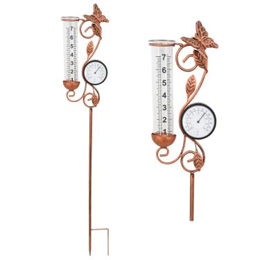 Imagem de Voumsil Medidor de chuva ao ar livre, medidor de chuva borboleta cobre com termômetro para medir precipitação, decoração de jardim (termômetro de borboleta cobre)
