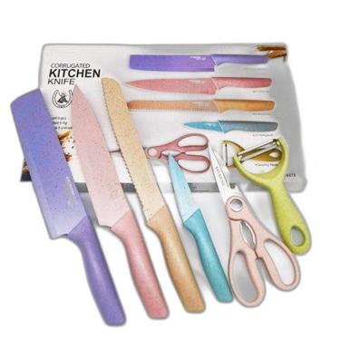 Imagem de Jogo De Facas 6 Peças Antiaderente Coloridas Cutelo Tesoura