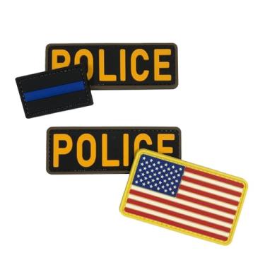 Imagem de uuKen 4 peças de adesivos de PVC da polícia 10 cm × 1,10 cm com fecho de gancho nas costas para chapéus, coletes, bolsas e mochilas (4 peças, 2 pequenas amarelas, bandeira, patch azul fino)