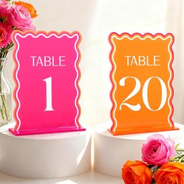 Imagem de CORNER LACE Número de mesa de acrílico de casamento 1-20 com 20 peças, suportes rosa e laranja, 12,7 x 17,8 cm, decoração de centro de mesa elegante para casamento, chá de panela, recepção de festa de