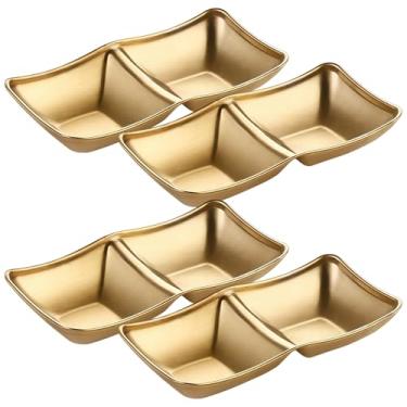 Imagem de 4 tigelas de molho de metal dourado, bandejas de 2 compartimentos para condimentos, pequenos pratos de aço inoxidável para aperitivos, churrasco e refeições de sushi