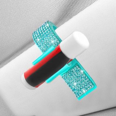 Imagem de I3DIDEA Elegante suporte de batom de strass para carro, 1 pacote com acessórios de carro brilhantes para mulheres, protetor labial com viseira de sol, organizador com cristais multicoloridos (azul