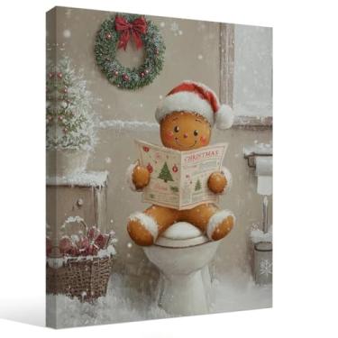 Imagem de STHTTSW Decoração de parede de banheiro de gengibre de Natal, decoração de parede de banheiro de Natal, leitura de pão de gengibre, jornal em tela de vaso sanitário, decorações de parede para banheiro