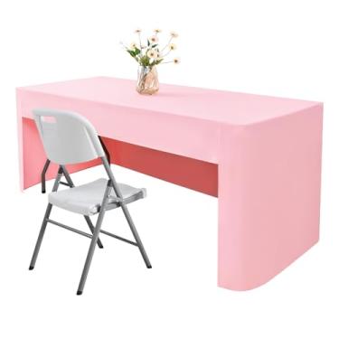 Imagem de Nacuci Toalha de mesa retangular rosa de 152 x 76 cm, toalha de mesa com ajuste aberto nas costas, toalha de mesa de poliéster lavável para mesas dobráveis de 1,8 m, exibição de feiras, festas