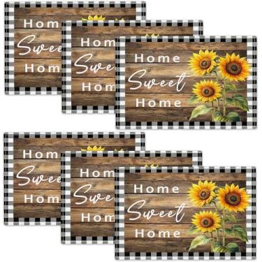 Imagem de Conjunto de 6 jogos americanos de girassol para casa de fazenda, tapetes de mesa de jantar rústicos, jogo americano lavável para cozinha, sala de jantar, decoração de casa, 46 cm x 30 cm