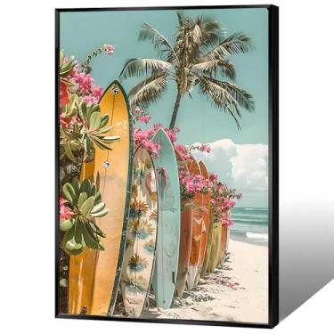 Imagem de Arte de parede com palmeiras tropicais, prancha de surf, aquarela, Havaí, sala de surfista, pôsteres em tela, praia, costa, surfe, pintura, para casa, quarto, dormitório, decoração de parede, 20 x 30