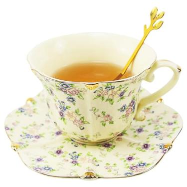 Imagem de Harahiko Conjunto de xícara de chá e pires de porcelana Country Roses com acabamento dourado, 3 peças, estilo vintage, para mulheres e festas de chá (1, amarelo)