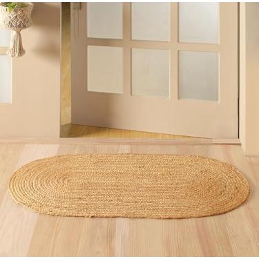 Imagem de VEVARA HOMES Tapete de juta feito à mão, fibra natural, rústico, reversível sólido tapete de fazenda para quarto, sala de estar, sala de jantar, escritório, cozinha, oval de 6 x 10 m