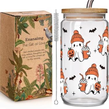 Imagem de Enanaimg Halloween Holiday Doodle Spooky Ghost 473 ml Copo de vidro presente para suas mulheres, copo de café gelado assustador com canudo e tampa 473 ml, presentes de outono, cooperante de Halloween
