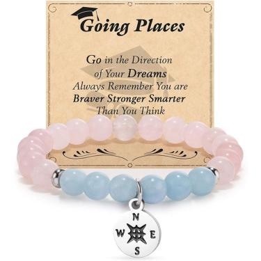 Imagem de Pulseira de miçangas de cristal para mulheres com pingente de bússola