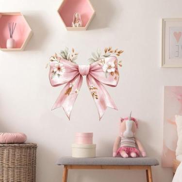Imagem de Adesivos de parede, laço rosa com design floral, PVC removível - yiwei