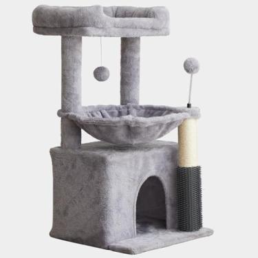 Imagem de Árvore para gatos em ambientes internos, torre de gatos de 81 cm de altura com rede, 2 condomínios, poleiro de pelúcia e postes de arranhar de sisal, centro de atividades para gatinhos de vários