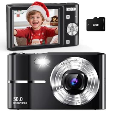 Imagem de Câmera digital para crianças, câmeras digitais UHD 4K Point and Shoot de 50 MP com cartão de 32 GB, zoom 16X, antivibração, carimbo de data, câmeras pequenas compactas portáteis para iniciantes