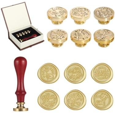 Imagem de Kit de lacre de cera Blessing com cabo de madeira, 6 carimbos de cobre removíveis, perfeitos para convites e presentes com embalagem elegante