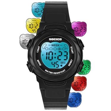 Imagem de SOCICO Relógios digitais infantis para meninas e meninos, 7 luzes coloridas, à prova d'água, para esportes ao ar livre, relógio de pulso com cronômetro, alarme, data, ótimo presente para crianças de 5