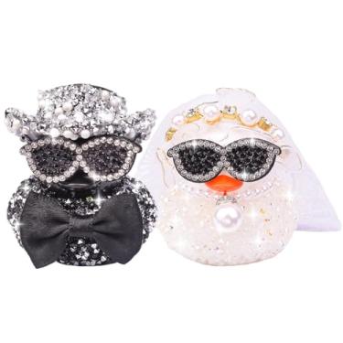 Imagem de CoFuBcad 2 peças diamante brilhante casamento patos de borracha decoração painel de carro, noivo noiva casal pato para presentes de casamento, desejos de casamento, lembranças de casamento, patinhos
